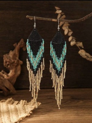 Boho Native Style Golden Black Turquoise Seed Beaded Earrings Fringe Tassel