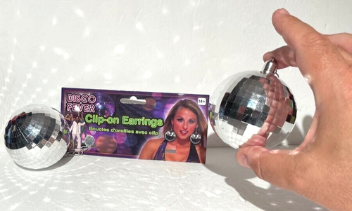 CLIP ON DISCO MIRROR BALL EARRINGS Jumbo 70’s Costume Silver Jewelry Christmas - Picture 10 of 16