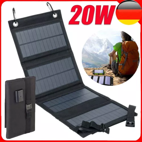 20W Faltbar Solarpanel Solarmodul PowerBank Handy USB Ladegerät Camping Wandern