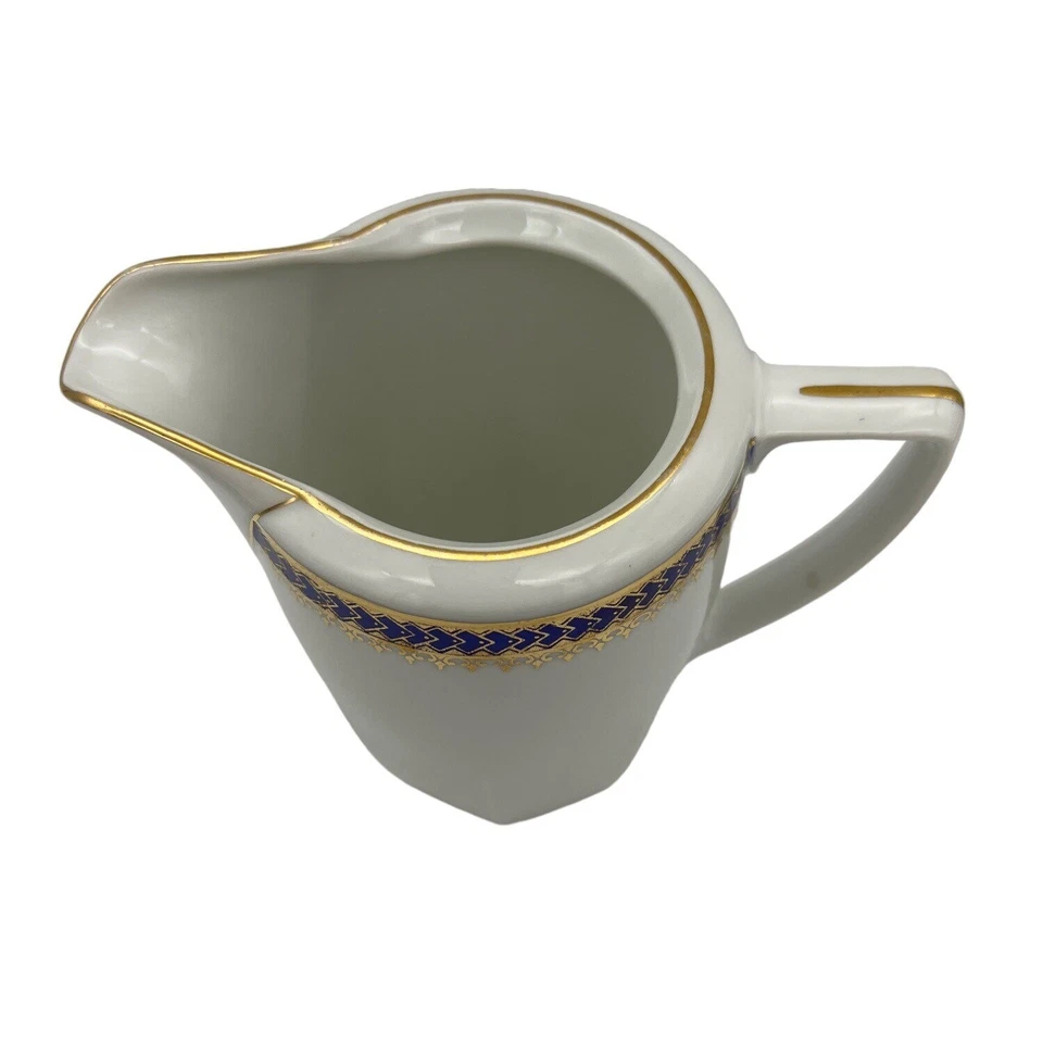 Azúcarero vintage con tapa y crema Checoslovaquia 175G patrón azul y dorado Foto 3 de 4