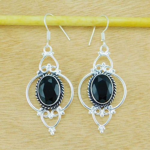 Boucles D'Oreilles Argent 925 Pierre D'Onyx Noir Naturel – Goutte Pendantes – Fait Main
