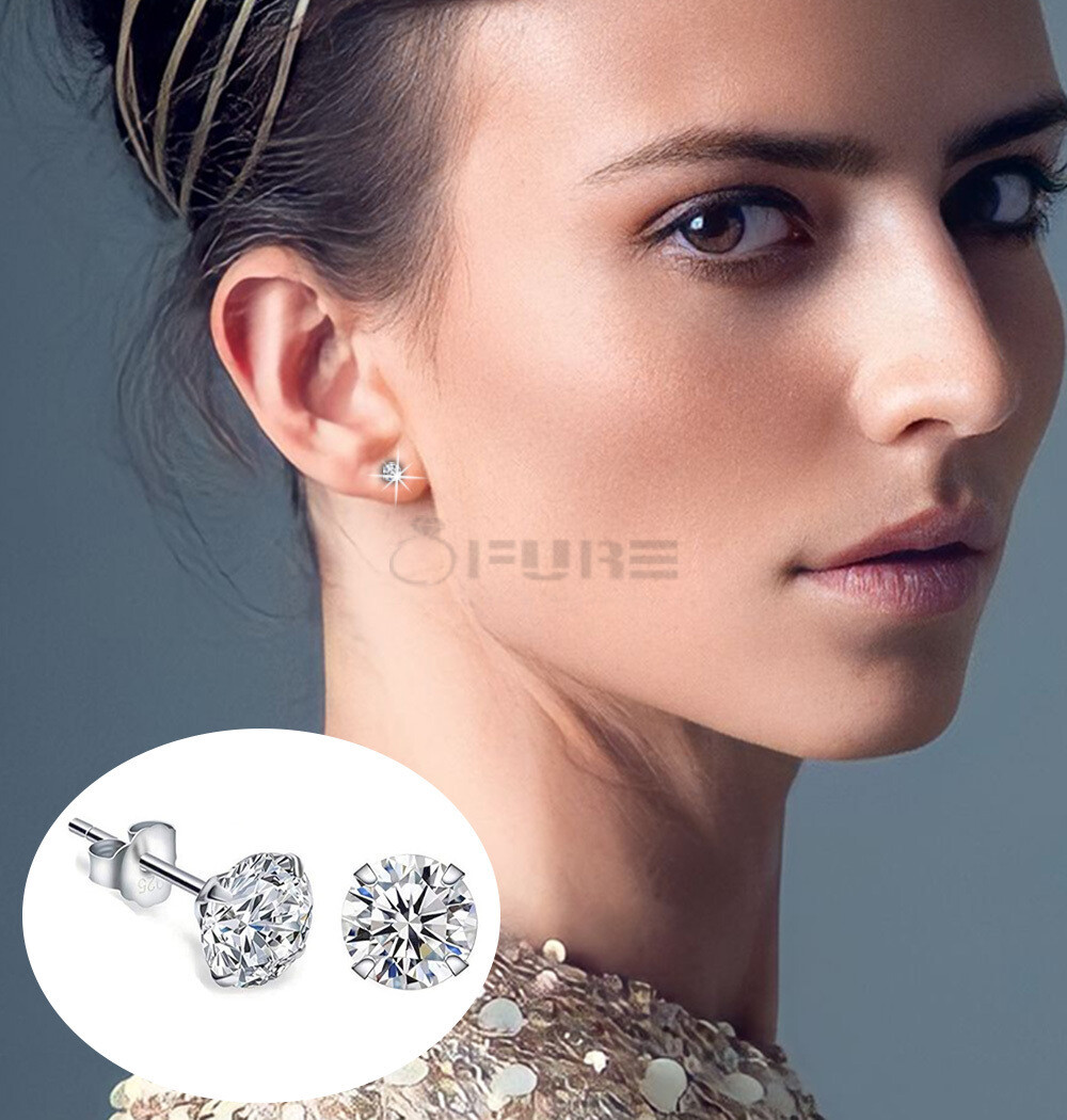 Aretes de cartílago de cristal AAA brillantes de plata de ley 925 real de 4 mm