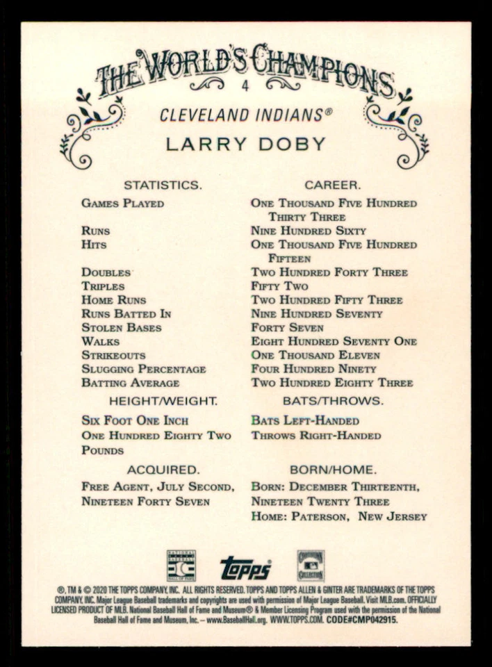 2020 Topps Allen and Ginter Chrome #4 Larry Doby - Image 2 of 2