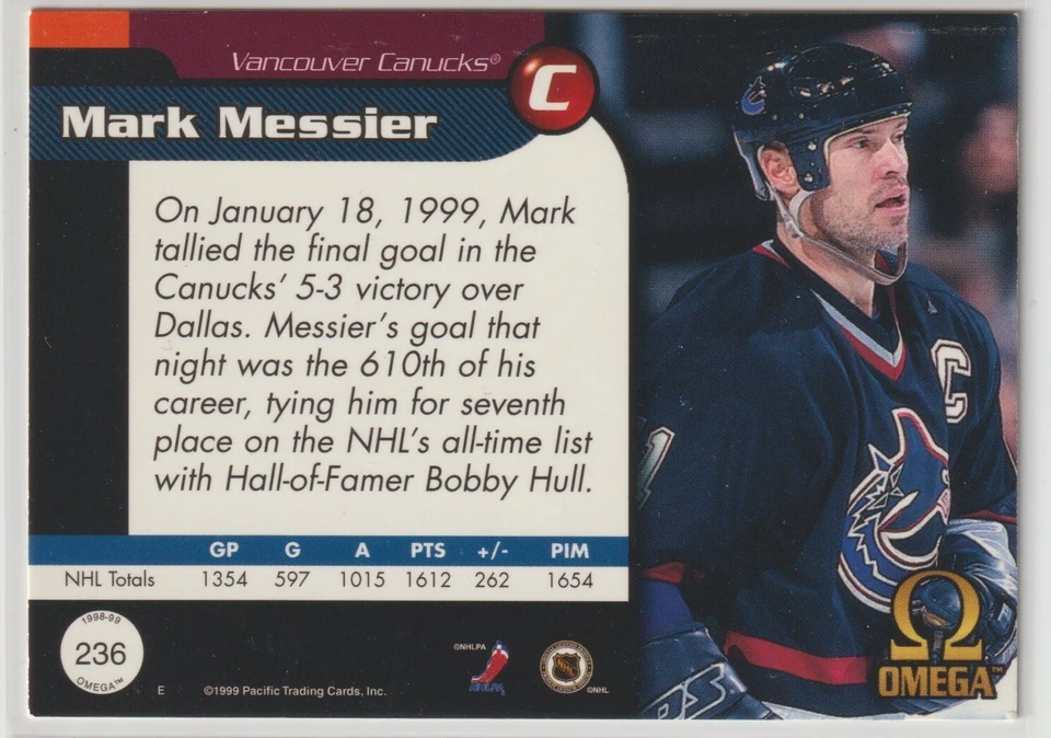 1999 Pacific Omega - MARK MESSIER - #236 - Vancouver Canucks - Image 2 of 2