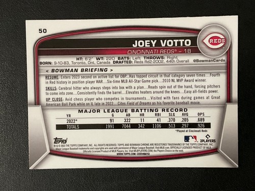 Joey Votto 2023 Bowman Chrome Sapphire Card #50 Cincinnati Reds - Picture 2 of 2
