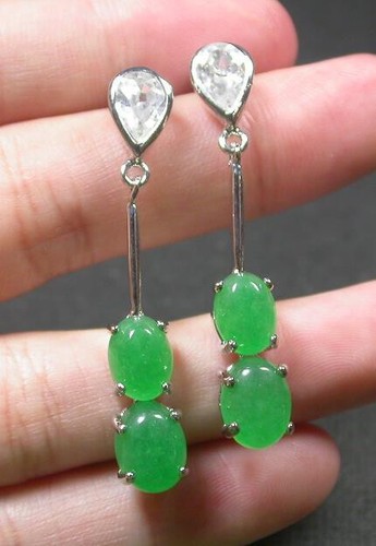 Genuine Green Jade Cabochon Cubic Zirconia Teardrop 18KGP Stud Dangle Earrings - Picture 3 of 9