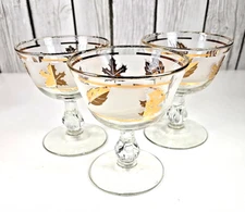Libbey Frosted Gold Leaf Oak Maple Wine Glasses  Set of 3 Mid Century USA