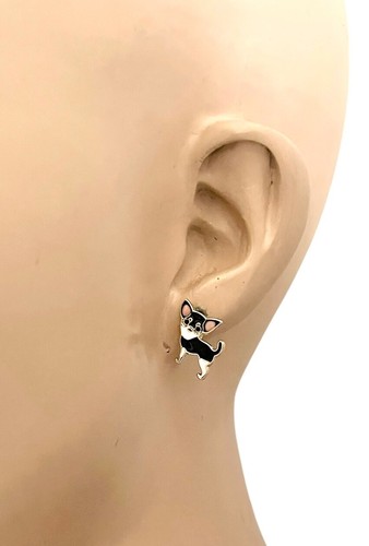 Tiny Cute Black And Tan Chihuahua Dog Lover Gift Enamel Stud Post Earrings - Picture 2 of 3