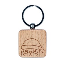 Peeking Santa Christmas Engraved Wood Square Keychain Tag Charm