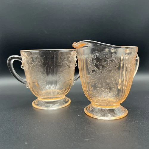 VTG Jeanette Blossom Pink Depression Glass Creamer And Sugar Bowl 1930s