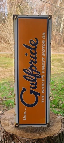 Gulfpride motor oil Gulf Gasoline vintage lube gas pump porcelain sign