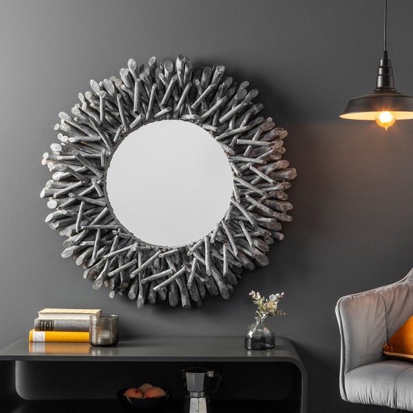 Handgearbeiteter Teakholz Spiegel Riverside 80Cm Grau Treibholz Holz Maritim-image