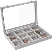 Schmuck Organizer Samt 12 Gitter Aufbewahrungsbox Mit Klarem Deckel Grau FüR