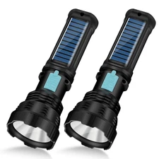 1500 Lumens LED Solar Flashlight, Waterproof Rechargeable, 2 Pack