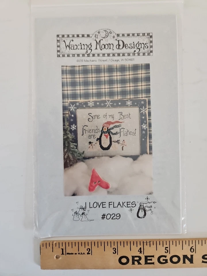 Waxing Moon Designs I LOVE FLAKES Penguin Cross Stitch Pattern & Button #029 - Image 2 of 4