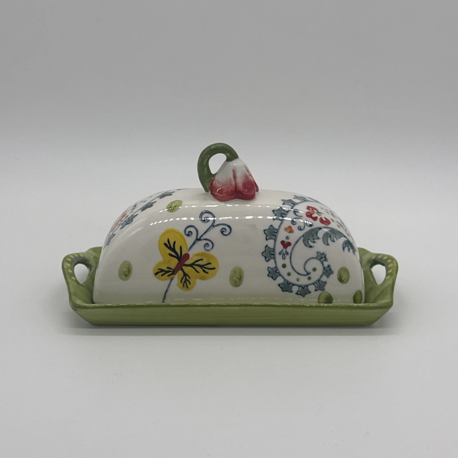Pier 1 Imports Garden Butterfly Butter Dish Hand Painted Ceramic Stoneware Tray