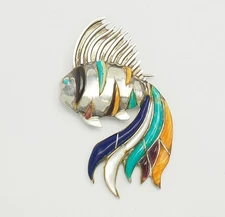Vintage handmade sterling silver inlaid gemstones Beta fish pin or pendant
