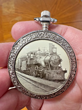 Train Locomotive Pocket Watch with Chain Silver Tone Metal Quartz Japan Movt