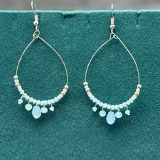 Vintage Glass Silver-Tone Teardrop Hoop Earrings with Blue & Opalescent Beads