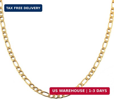 HZMAN Men Women 24k Real Gold Plated Figaro Chain Stainless Steel Necklace, Wide