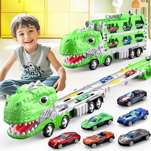 Foldable Dinosaur Truck Toys with 8 Die-Cast Cars, Carrier Garage on 5-Layer - Picture 2 of 10