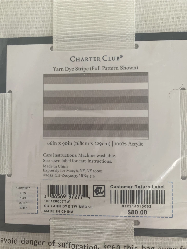Manta doble a rayas teñido de hilo Charter Club color topo y crema 66x90 pulgadas nueva $80 Foto 4 de 4