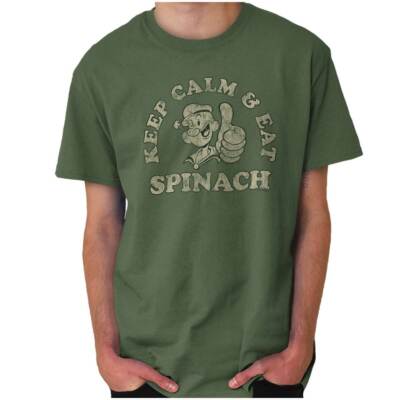 Vintage Keep Calm Eat Spinach Popeye Cartoon Womens or Mens Crewneck T Shirt Tee