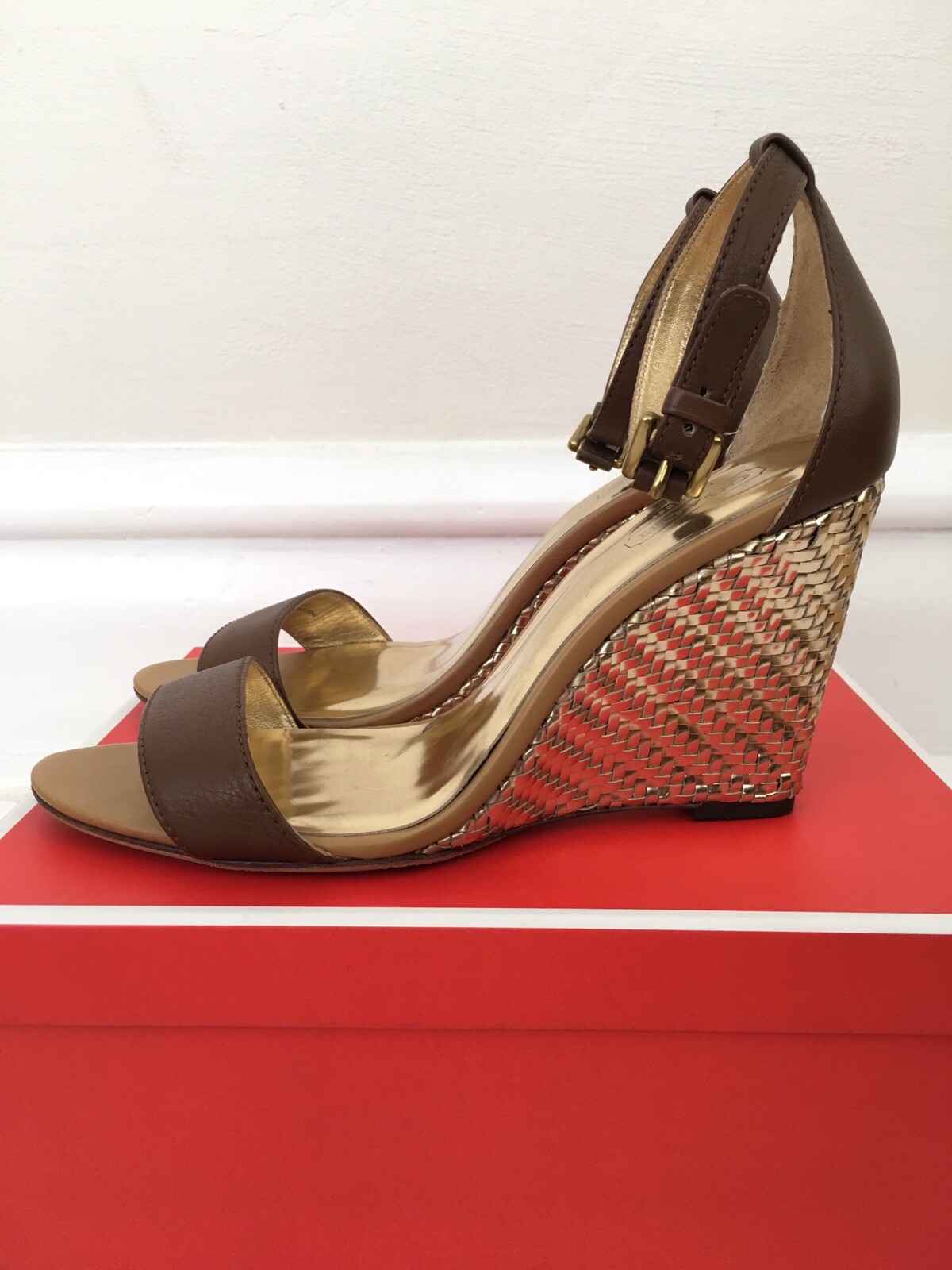 Coach Sharrin Woven Heel Ankle Strap Wedge Sandals, S… Gem