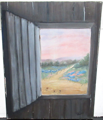 RUTH WILLBERN CHICKENS & BARN WINDOW ORIGINAL OIL ON CANVAS LANDSCAPE PAINTING 