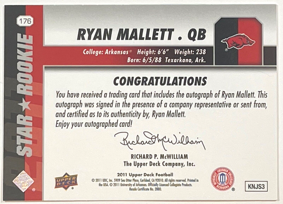 2011 Upper Deck Star Rookie Ryan Mallett Auto RC 176 Arkansas