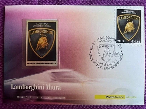 ITALY 2007 POSTCARD FDC LAMBORGHINI MIURA SILVER FOIL