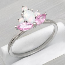 Marquise Simulated Pink Topaz White Fire Opal Silver Jewelry Ring Size 6 7 8 9