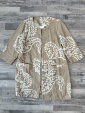 Chico's Tan White Paisley Linen Blend Long Blazer Size 2 Top Hook Q49