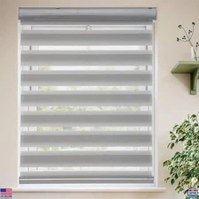 Cordless Zebra Roller Shades 27"x72" Dual Layer Light Filtering Grey Blinds