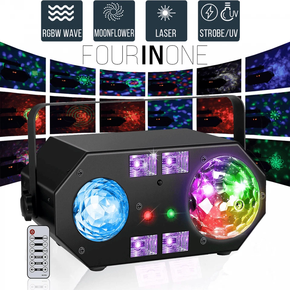 4 in 1 DMX DJ Light with Laser RGBW Waterwave UV Strobe Moonflower inc Remote - Image 2 of 4