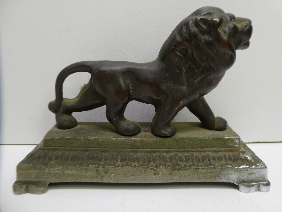 VINTAGE CAST BRONZE LION STATUE CHROME BRASS BASE DOORSTOP eBay