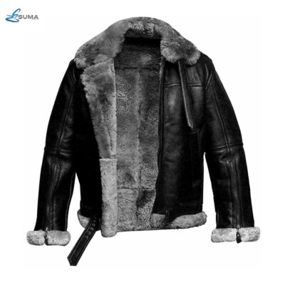 New Mens RAF Bomber B3 Aviator Real Leather Jacket Coat Pilot Flying Grey Fur