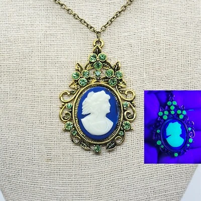 Victorian-Style Uranium Glass Cameo Necklace Jeweled Pendant