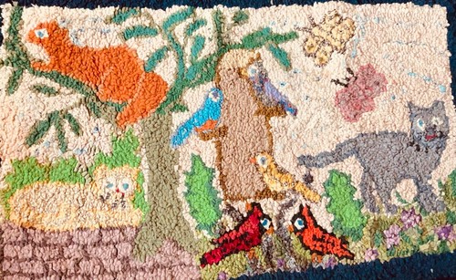 Vintage Folk Art Wool Rug CATS Primitive Animals - Picture 2 of 3