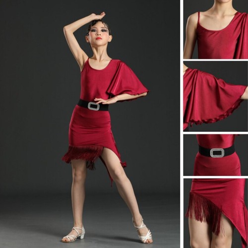 Girls Tassel Latin Dance Dress Fringe Irregular Sleeveless Ballroom Outfit - Picture 7 of 11