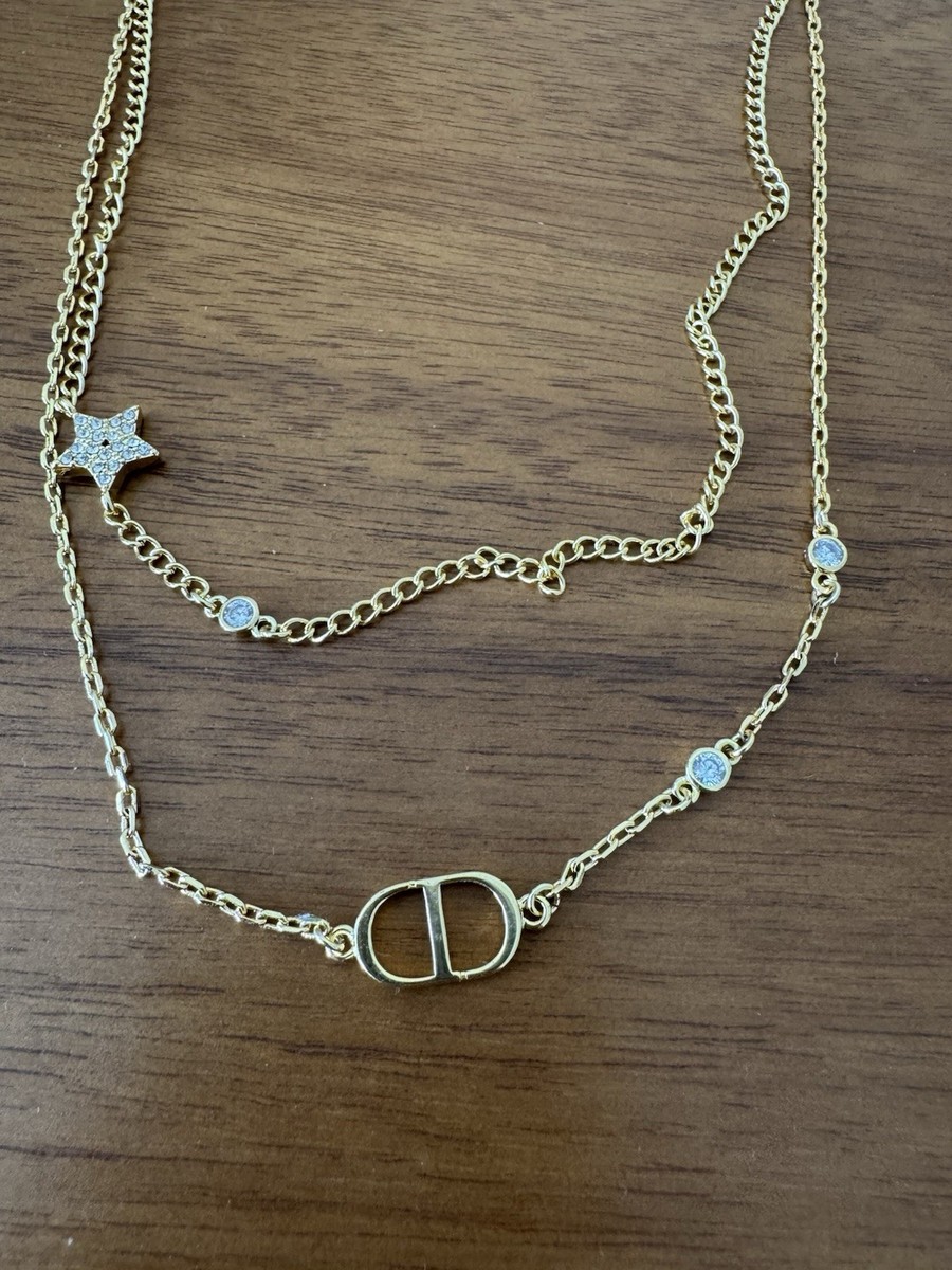 Christian Dior Petit CD Double Necklace White Crystals Gold Metal