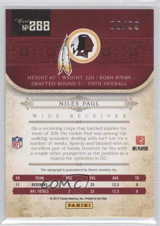 2011 Playoff National Treasures Rookie /99 Niles Paul #268 Rookie Auto RC - Image 2 of 2