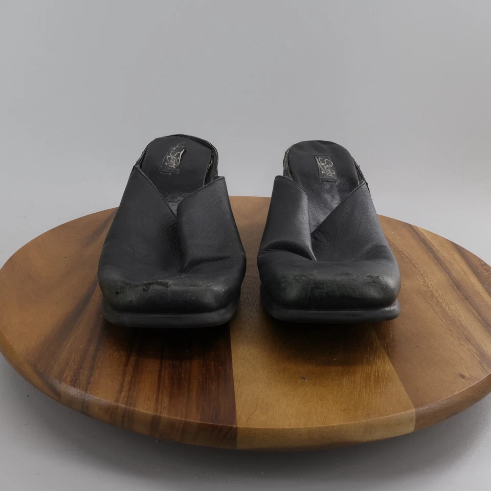 Zapatos zuecos Sporto para mujer de cuero negro con tacón ancho punta redonda talla 9,5 Foto 2 de 4