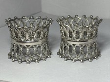 2 Antique English Victorian Silver Plated Fretwork Crown Napkin Rings, Pair
