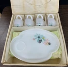 Federal Atomic VTG Flower Milk Glass Patio Snack Set Of 4 MCM 1950’s w/Orig Box