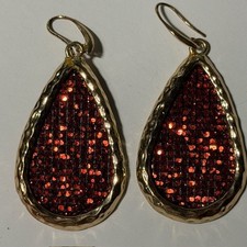 Gold Tone Dangle Earrings Red Glitter Teardrop Fashion Approx 2" Length