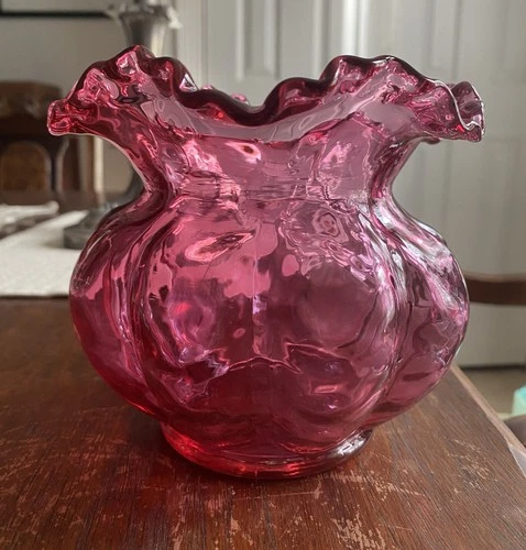 Vintage Fenton Cranberry Diamond Optic Melon Vase