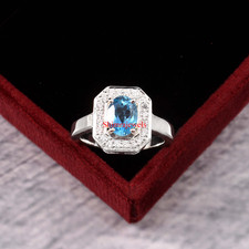 Natural Blue Topaz Gemstone With 18K White Gold Plated Silver Women's Ring 18
