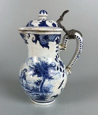 Dutch Delft Covered Jug With Metal Hinge. Antique Dutch Tin Glazed Earthenware