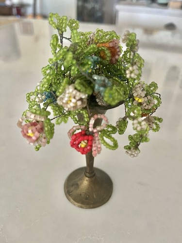 Vintage French Seed Bead Flowers Handmade In Brass Vase